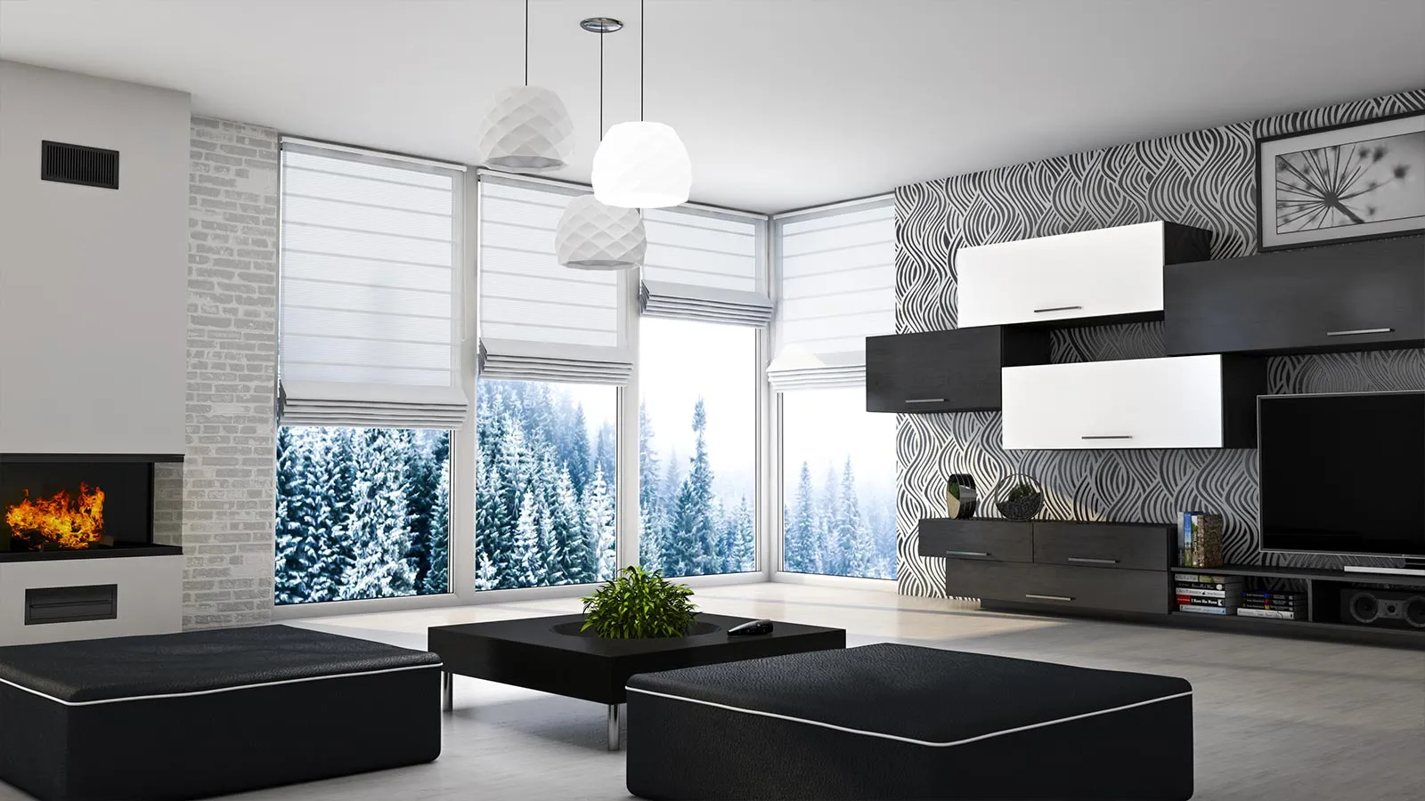 Modernes Wohnzimmer mit großen DRUTEX IGLO Energy Fenstern und winterlichem Ausblick für maximale Lichtdurchflutung