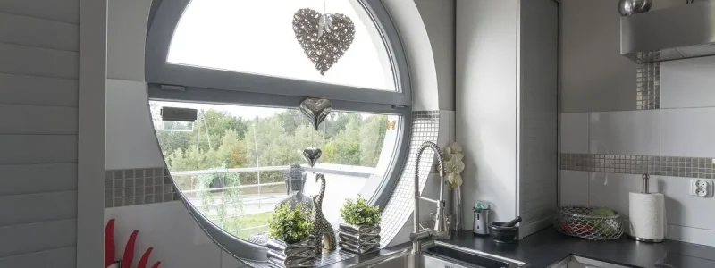 Rundes DRUTEX IGLO 5 Classic Fenster in moderner Küche Moderne Küche mit rundem DRUTEX IGLO 5 Classic Fenster und stilvollem Tageslichteinfall