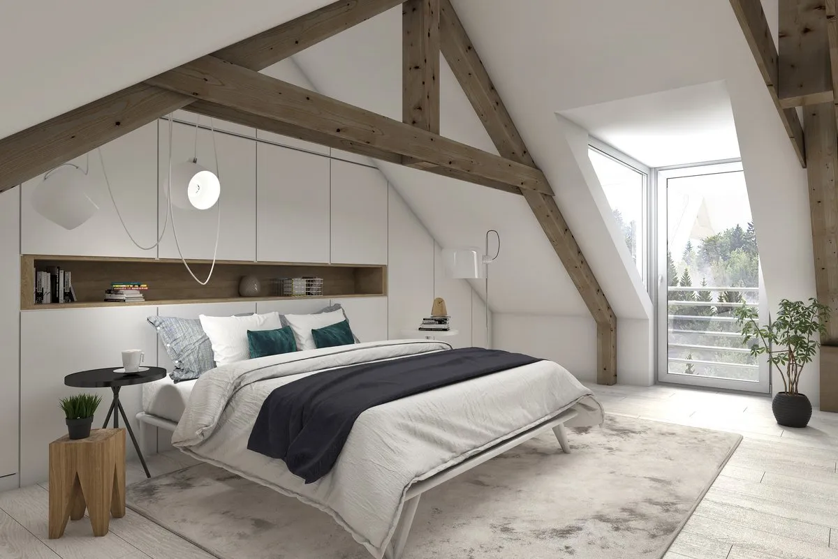 Modernes Dachgeschoss-Schlafzimmer mit großen DRUTEX IGLO Energy Fenstern und heller Wohnatmosphäre